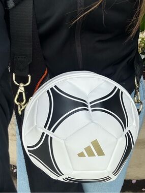adidas White & Black Soccer Ball Round Crossbody with Gold Logo